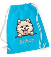 Personalisierter Turnbeutel mit Zwergspitz und Name für Kinder, Mädchen und Jungs, große Farbauswahl, Schuhbeutel zum Zuziehen, Geschenk