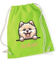 Personalisierter Turnbeutel mit Zwergspitz und Name für Kinder, Mädchen und Jungs, große Farbauswahl, Schuhbeutel zum Zuziehen, Geschenk
