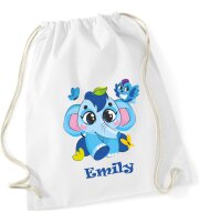 Turnbeutel, Schuhbeutel, Sportbeutel für Kinder, bedruckt Elefant, Vogel und personalisierbar mit Namen, große Farbauswahl, Kita, Geschenk