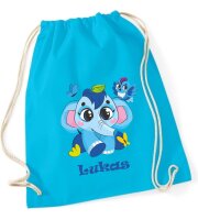 Turnbeutel, Schuhbeutel, Sportbeutel für Kinder, bedruckt Elefant, Vogel und personalisierbar mit Namen, große Farbauswahl, Kita, Geschenk
