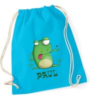 Turnbeutel, Schuhbeutel, Sportbeutel für Kinder, bedruckt Frosch und personalisierbar mit Namen, große Farbauswahl, Kita, Geschenk