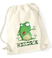 Turnbeutel, Schuhbeutel, Sportbeutel für Kinder, bedruckt Frosch und personalisierbar mit Namen, große Farbauswahl, Kita, Geschenk