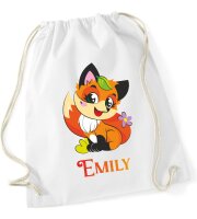 Turnbeutel, Schuhbeutel, Sportbeutel für Kinder, bedruckt Fuchs/ Blume und personalisierbar mit Namen, große Farbauswahl, Kita, Geschenk