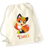 Turnbeutel, Schuhbeutel, Sportbeutel für Kinder, bedruckt Fuchs/ Blume und personalisierbar mit Namen, große Farbauswahl, Kita, Geschenk