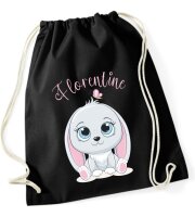 Personalisierter Turnbeutel mit Hase und Name für Kinder, Mädchen und Jungs, große Farbauswahl, Schuhbeutel zum Zuziehen, ideal als Geschenk