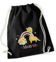 Turnbeutel, Schuhbeutel, Sportbeutel für Kinder, bedruckt Dino/Regenbogen und personalisierbar mit Namen, große Farbauswahl, Kita, Geschenk