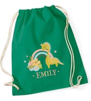 Turnbeutel, Schuhbeutel, Sportbeutel für Kinder, bedruckt Dino/Regenbogen und personalisierbar mit Namen, große Farbauswahl, Kita, Geschenk