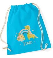 Turnbeutel, Schuhbeutel, Sportbeutel für Kinder, bedruckt Dino/Regenbogen und personalisierbar mit Namen, große Farbauswahl, Kita, Geschenk