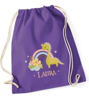 Turnbeutel, Schuhbeutel, Sportbeutel für Kinder, bedruckt Dino/Regenbogen und personalisierbar mit Namen, große Farbauswahl, Kita, Geschenk