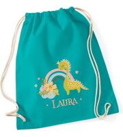 Turnbeutel, Schuhbeutel, Sportbeutel für Kinder, bedruckt Dino/Regenbogen und personalisierbar mit Namen, große Farbauswahl, Kita, Geschenk