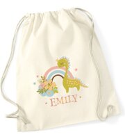 Turnbeutel, Schuhbeutel, Sportbeutel für Kinder, bedruckt Dino/Regenbogen und personalisierbar mit Namen, große Farbauswahl, Kita, Geschenk