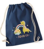 Turnbeutel, Schuhbeutel, Sportbeutel für Kinder, bedruckt Dino/Regenbogen und personalisierbar mit Namen, große Farbauswahl, Kita, Geschenk