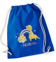 Turnbeutel, Schuhbeutel, Sportbeutel für Kinder, bedruckt Dino/Regenbogen und personalisierbar mit Namen, große Farbauswahl, Kita, Geschenk