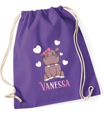 Turnbeutel, Schuhbeutel, Sportbeutel für Kinder, bedruckt mit Nilpferd / Herzen und personalisierbar mit Namen, große Farbauswahl, Kita, Geschenk