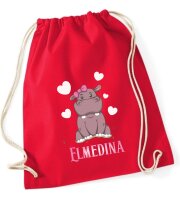 Turnbeutel, Schuhbeutel, Sportbeutel für Kinder, bedruckt mit Nilpferd / Herzen und personalisierbar mit Namen, große Farbauswahl, Kita, Geschenk