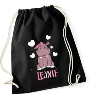 Turnbeutel, Schuhbeutel, Sportbeutel für Kinder, bedruckt mit Nilpferd / Herzen und personalisierbar mit Namen, große Farbauswahl, Kita, Geschenk