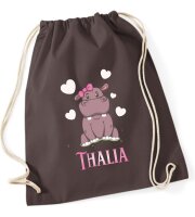 Turnbeutel, Schuhbeutel, Sportbeutel für Kinder, bedruckt mit Nilpferd / Herzen und personalisierbar mit Namen, große Farbauswahl, Kita, Geschenk