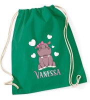 Turnbeutel, Schuhbeutel, Sportbeutel für Kinder, bedruckt mit Nilpferd / Herzen und personalisierbar mit Namen, große Farbauswahl, Kita, Geschenk