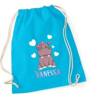 Turnbeutel, Schuhbeutel, Sportbeutel für Kinder, bedruckt mit Nilpferd / Herzen und personalisierbar mit Namen, große Farbauswahl, Kita, Geschenk