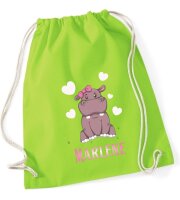 Turnbeutel, Schuhbeutel, Sportbeutel für Kinder, bedruckt mit Nilpferd / Herzen und personalisierbar mit Namen, große Farbauswahl, Kita, Geschenk