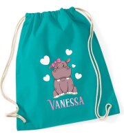 Turnbeutel, Schuhbeutel, Sportbeutel für Kinder, bedruckt mit Nilpferd / Herzen und personalisierbar mit Namen, große Farbauswahl, Kita, Geschenk