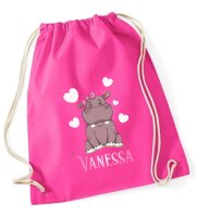 Turnbeutel, Schuhbeutel, Sportbeutel für Kinder, bedruckt mit Nilpferd / Herzen und personalisierbar mit Namen, große Farbauswahl, Kita, Geschenk