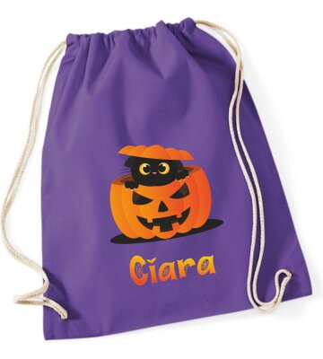 Turnbeutel, Schuhbeutel, Sportbeutel für Kinder, bedruckt mit Halloween Kürbis und Katze, personalisiert Namen, Farbauswahl, Kita, Geschenk