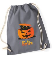 Turnbeutel, Schuhbeutel, Sportbeutel für Kinder, bedruckt mit Halloween Kürbis und Katze, personalisiert Namen, Farbauswahl, Kita, Geschenk