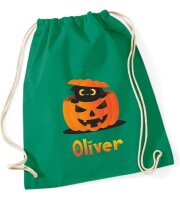 Turnbeutel, Schuhbeutel, Sportbeutel für Kinder, bedruckt mit Halloween Kürbis und Katze, personalisiert Namen, Farbauswahl, Kita, Geschenk
