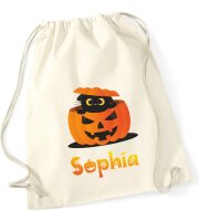 Turnbeutel, Schuhbeutel, Sportbeutel für Kinder, bedruckt mit Halloween Kürbis und Katze, personalisiert Namen, Farbauswahl, Kita, Geschenk
