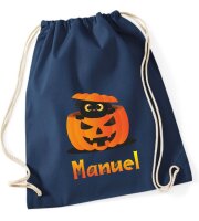 Turnbeutel, Schuhbeutel, Sportbeutel für Kinder, bedruckt mit Halloween Kürbis und Katze, personalisiert Namen, Farbauswahl, Kita, Geschenk
