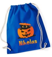 Turnbeutel, Schuhbeutel, Sportbeutel für Kinder, bedruckt mit Halloween Kürbis und Katze, personalisiert Namen, Farbauswahl, Kita, Geschenk