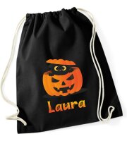 Turnbeutel, Schuhbeutel, Sportbeutel für Kinder, bedruckt mit Halloween Kürbis und Katze, personalisiert Namen, Farbauswahl, Kita, Geschenk