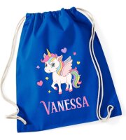 Turnbeutel, Schuhbeutel, Sportbeutel für Kinder, bedruckt Einhorn / Herzen und personalisierbar mit Namen, große Farbauswahl, Kita, Geschenk