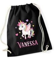 Turnbeutel, Schuhbeutel, Sportbeutel für Kinder, bedruckt Einhorn / Herzen und personalisierbar mit Namen, große Farbauswahl, Kita, Geschenk