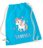 Turnbeutel, Schuhbeutel, Sportbeutel für Kinder, bedruckt Einhorn / Herzen und personalisierbar mit Namen, große Farbauswahl, Kita, Geschenk