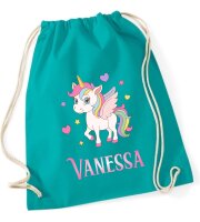 Turnbeutel, Schuhbeutel, Sportbeutel für Kinder, bedruckt Einhorn / Herzen und personalisierbar mit Namen, große Farbauswahl, Kita, Geschenk