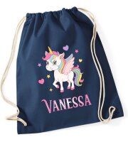 Turnbeutel, Schuhbeutel, Sportbeutel für Kinder, bedruckt Einhorn / Herzen und personalisierbar mit Namen, große Farbauswahl, Kita, Geschenk