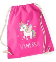 Turnbeutel, Schuhbeutel, Sportbeutel für Kinder, bedruckt Einhorn / Herzen und personalisierbar mit Namen, große Farbauswahl, Kita, Geschenk
