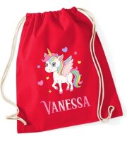Turnbeutel, Schuhbeutel, Sportbeutel für Kinder, bedruckt Einhorn / Herzen und personalisierbar mit Namen, große Farbauswahl, Kita, Geschenk