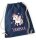 Turnbeutel, Schuhbeutel, Sportbeutel für Kinder, bedruckt Einhorn / Herzen und personalisierbar mit Namen, große Farbauswahl, Kita, Geschenk
