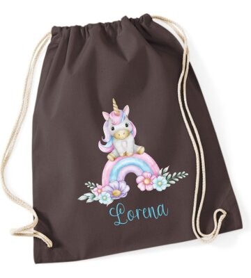 Turnbeutel, Schuhbeutel, Sportbeutel für Kinder, bedruckt Einhorn/ Regenbogen, personalisierbar mit Namen, große Farbauswahl, Kita, Geschenk
