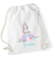 Turnbeutel, Schuhbeutel, Sportbeutel für Kinder, bedruckt Einhorn/ Regenbogen, personalisierbar mit Namen, große Farbauswahl, Kita, Geschenk