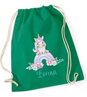 Turnbeutel, Schuhbeutel, Sportbeutel für Kinder, bedruckt Einhorn/ Regenbogen, personalisierbar mit Namen, große Farbauswahl, Kita, Geschenk