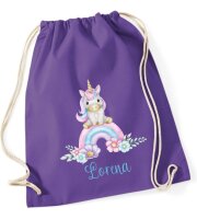 Turnbeutel, Schuhbeutel, Sportbeutel für Kinder, bedruckt Einhorn/ Regenbogen, personalisierbar mit Namen, große Farbauswahl, Kita, Geschenk