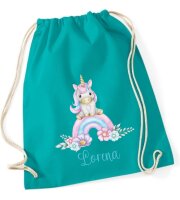 Turnbeutel, Schuhbeutel, Sportbeutel für Kinder, bedruckt Einhorn/ Regenbogen, personalisierbar mit Namen, große Farbauswahl, Kita, Geschenk