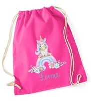 Turnbeutel, Schuhbeutel, Sportbeutel für Kinder, bedruckt Einhorn/ Regenbogen, personalisierbar mit Namen, große Farbauswahl, Kita, Geschenk