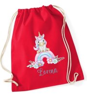 Turnbeutel, Schuhbeutel, Sportbeutel für Kinder, bedruckt Einhorn/ Regenbogen, personalisierbar mit Namen, große Farbauswahl, Kita, Geschenk