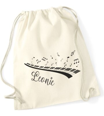 Turnbeutel, Schuhbeutel, Sportbeutel für Kinder, bedruckt Klavier / Noten und personalisierbar mit Namen, große Farbauswahl, Kita, Geschenk