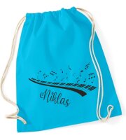Turnbeutel, Schuhbeutel, Sportbeutel für Kinder, bedruckt Klavier / Noten und personalisierbar mit Namen, große Farbauswahl, Kita, Geschenk